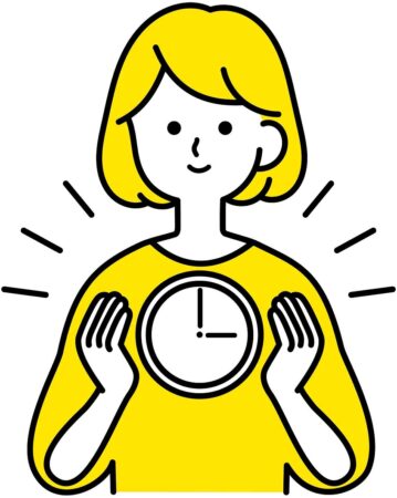 イラスト　時計を胸において時間を気にする女性